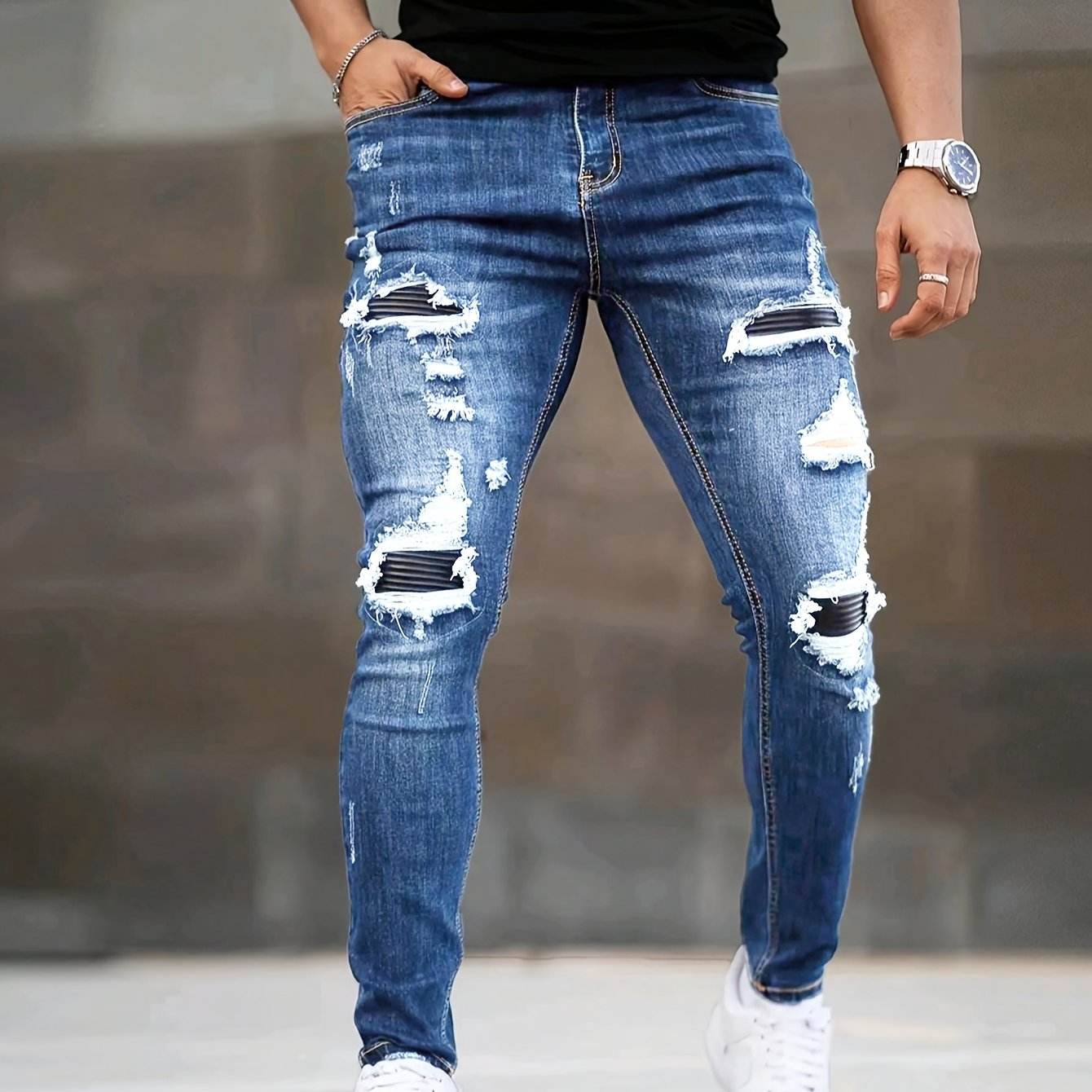 Men's Slim Fit Ripped Jeans - Stretch Denim Casual Streetwear, Blue - Buy Center US