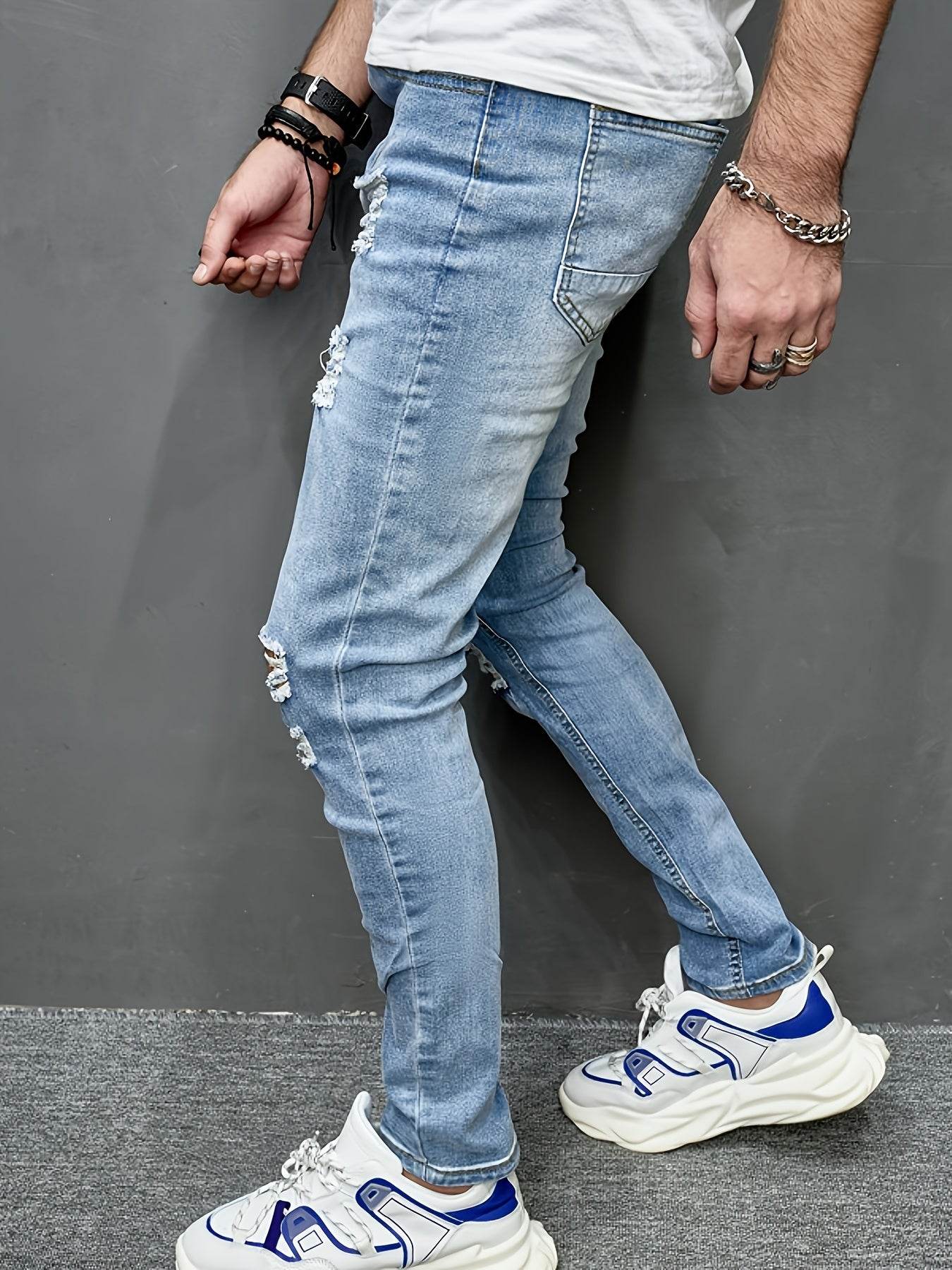 Men's Slim Fit Distressed Jeans - Ripped Stretch Denim, Light Blue - Buy Center US