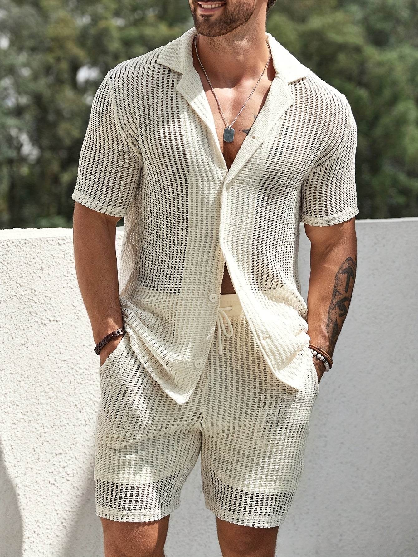 Men's Casual Hollow Short-Sleeved Set - Summer Shirt & Drawstring Shorts - Buy Center US