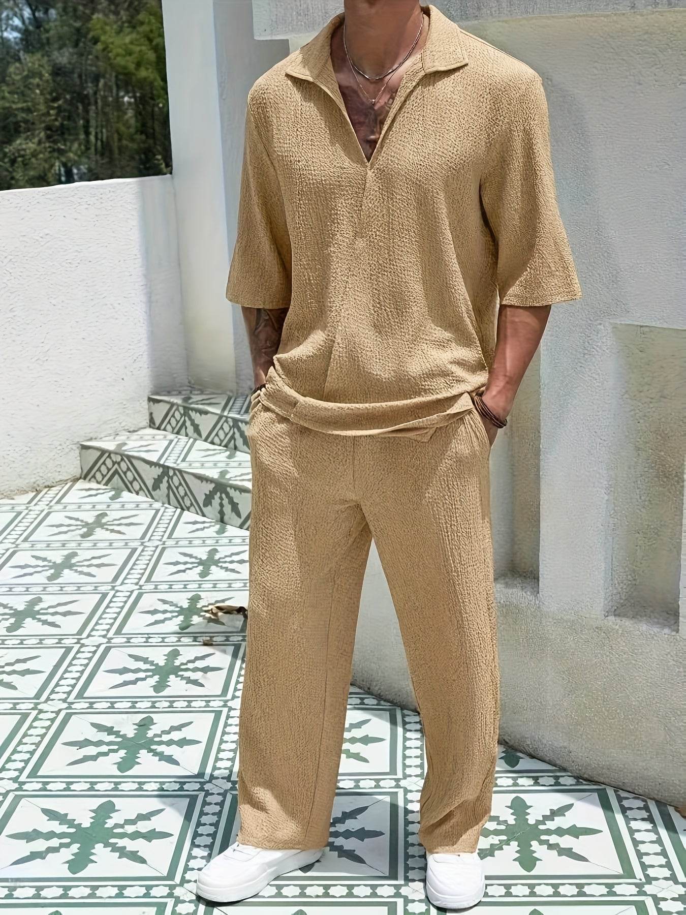 Men's Casual Summer T-Shirt & Pants Set - Light Blue V-Neck Style - Buy Center US