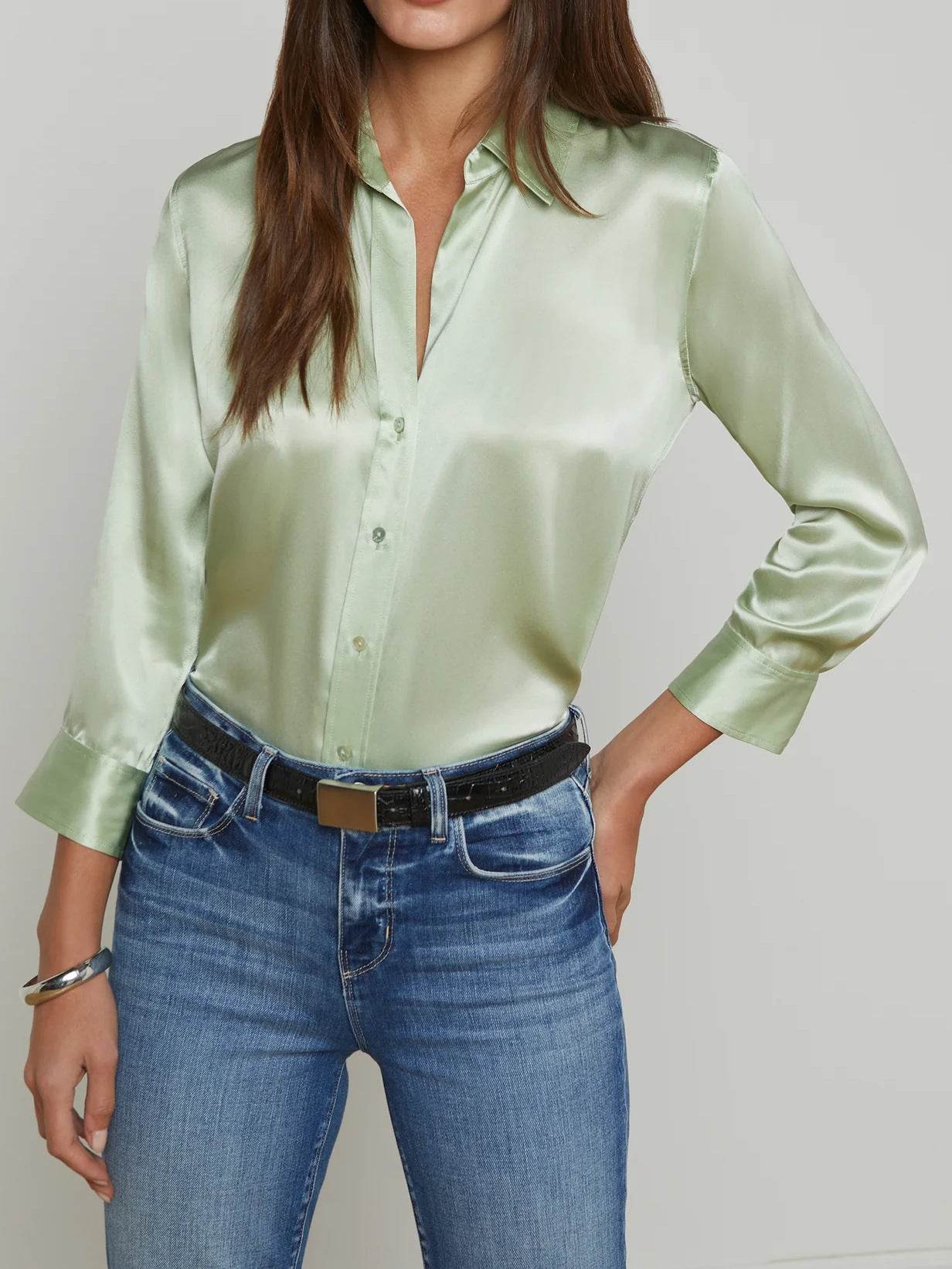 Women's Satin Rayon Shirt - Elegant Solid Color Top with Lapel Design - Buy Center US