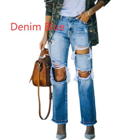 Ripped Foot Burr Straight Pants - Denim Blue Cotton - Casual Style - Buy Center US