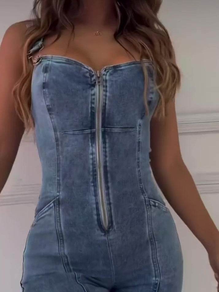 Elegant Sleeveless Denim Jumpsuit with Patchwork Design - Full-Length Fit - Buy Center US