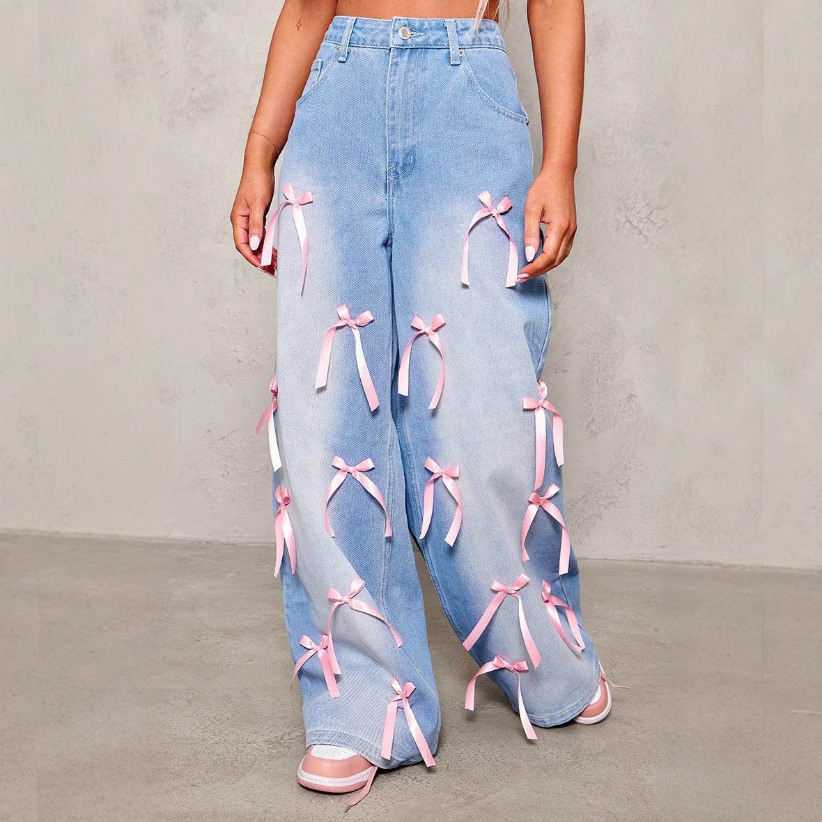 High Waist Wide Leg Jeans - Chic Bow Detail, Stylish Denim Trousers - Buy Center US