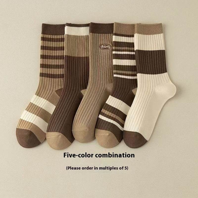 Cute Brown Striped Couple Socks - Autumn/Winter Middle Calf Style - Buy Center US