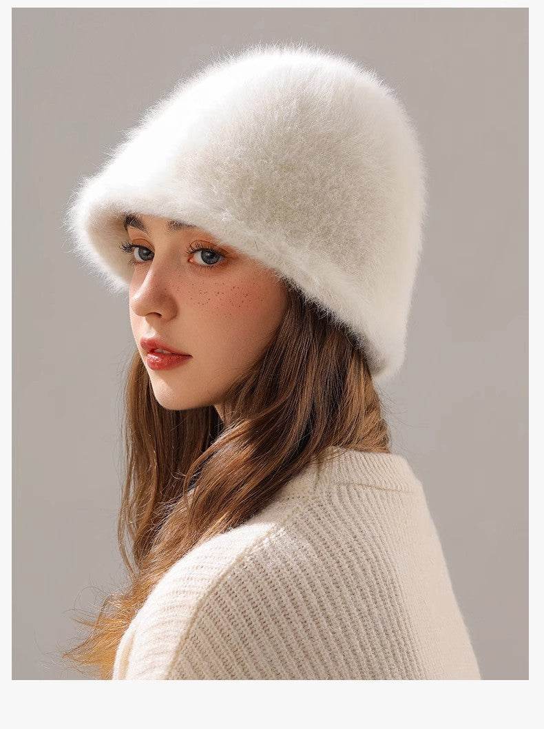 Big Head Circumference Real Rabbit Plush Hat - Milky White & Khaki - Buy Center US