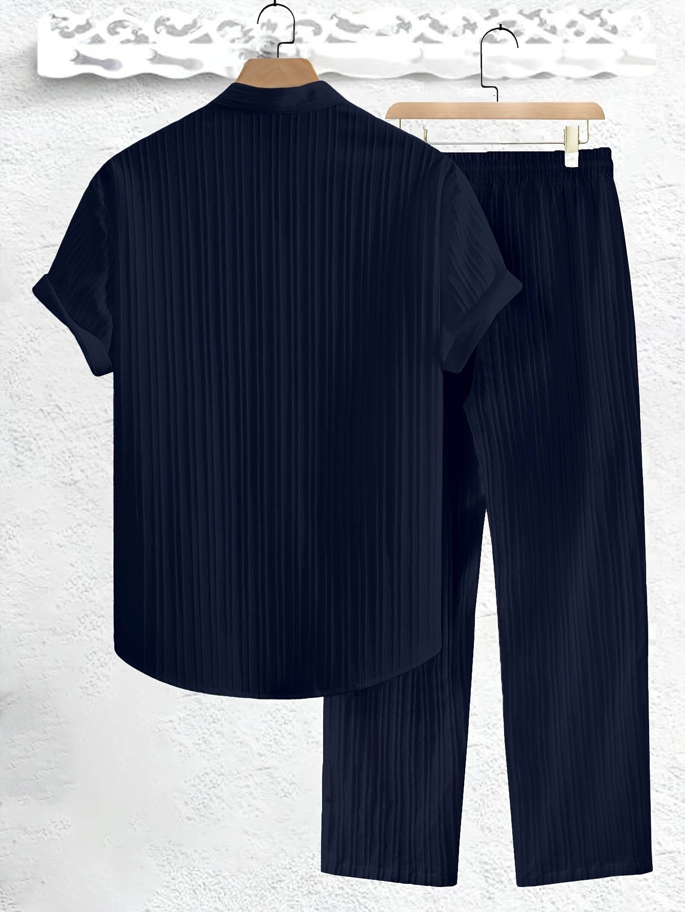 Men's Casual Summer Co-ord Set - Short Sleeve Shirt & Pants, Solid Color - Buy Center US