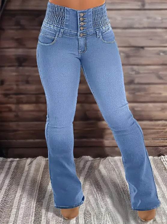 Women's High Waist Stretch Denim Pants - Dark & Light Blue Options - Buy Center US