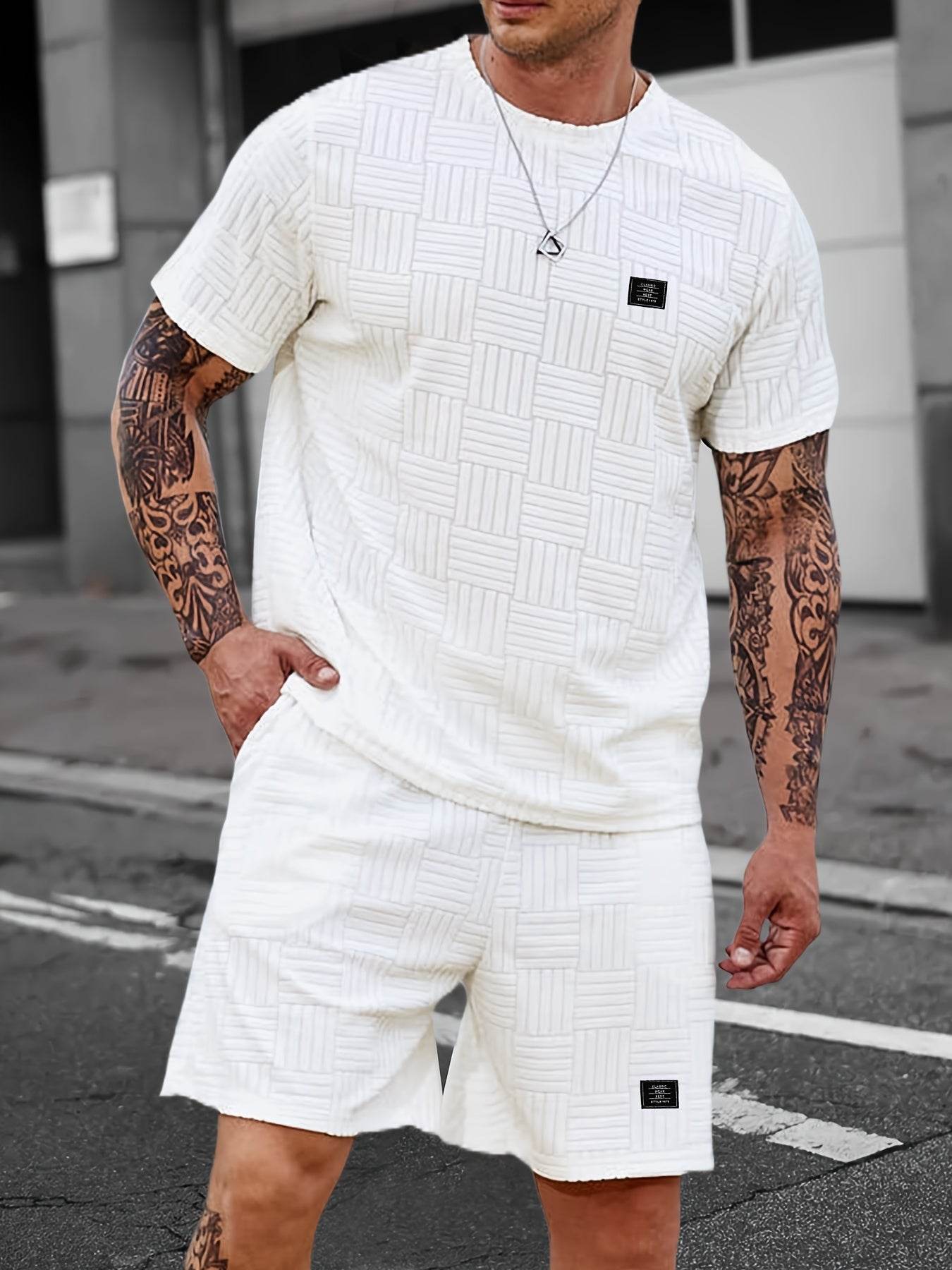 Men's Summer Casual Outfit - Striped Crew Neck T-Shirt & Drawstring Shorts - Buy Center US