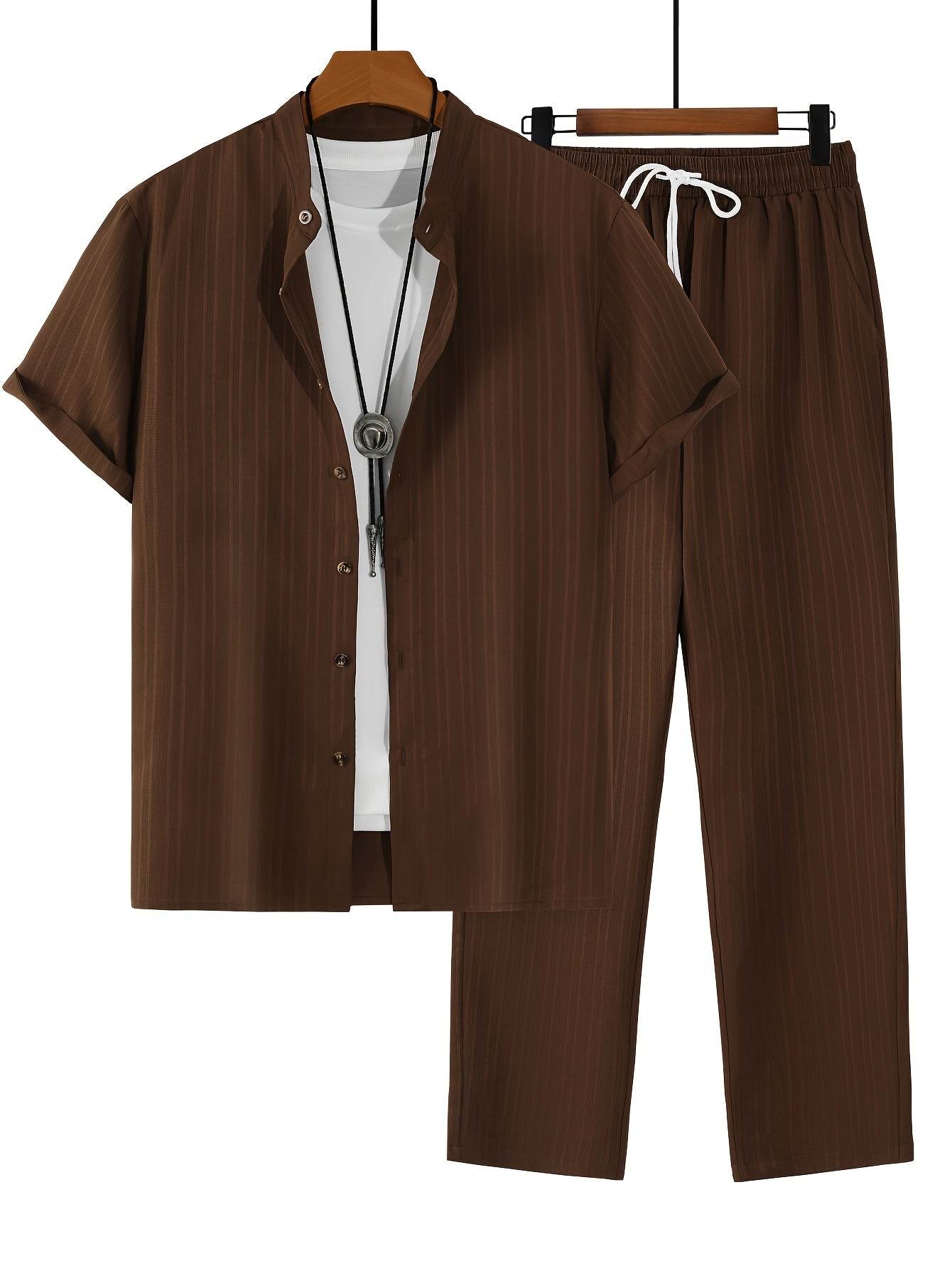 Men's Casual Spring/Summer Textured Stripe Short Sleeve Pants Set - Buy Center US