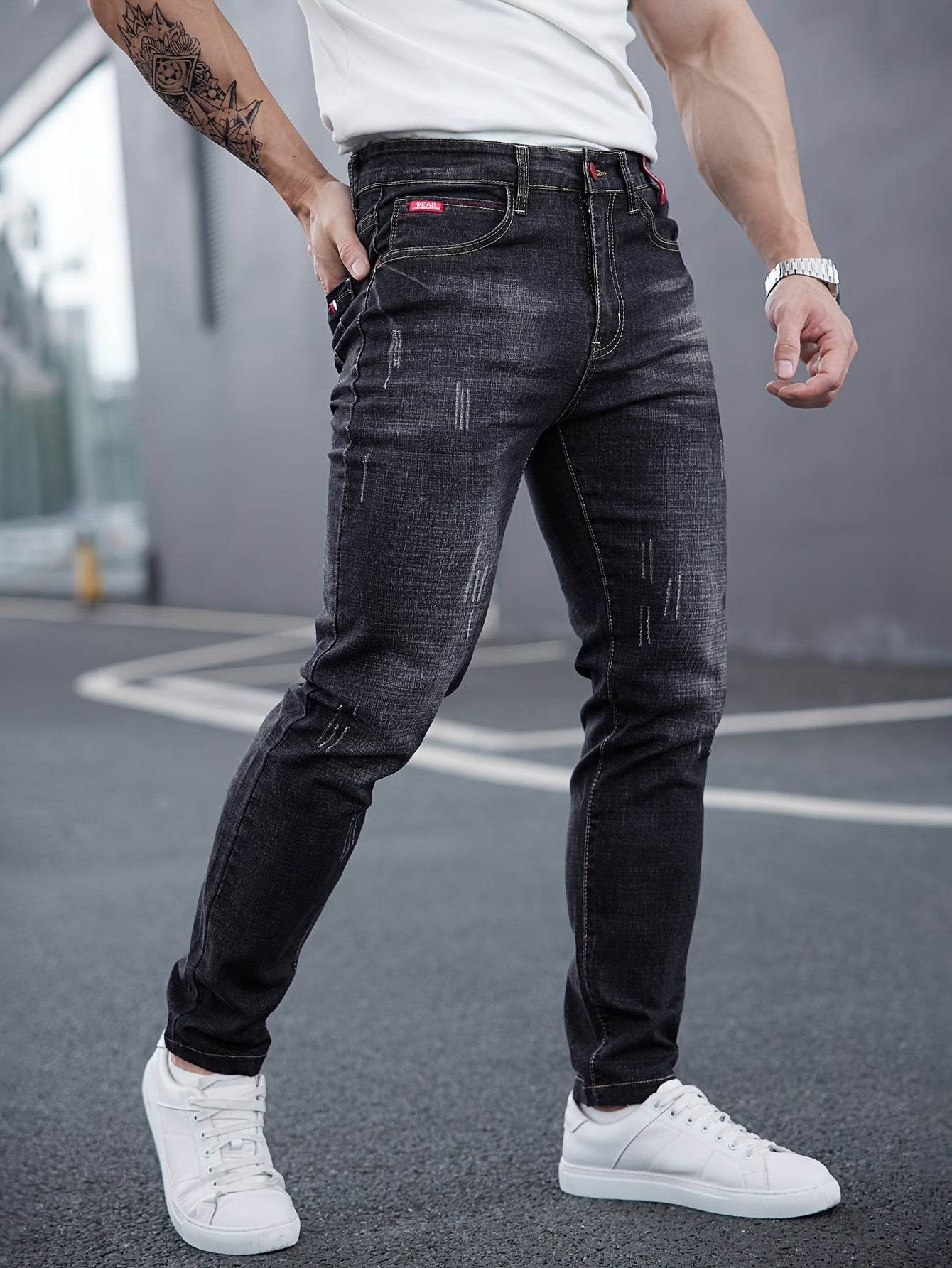Men's Slim-Fit Washed Jeans - Stretch Denim for All Seasons, Casual Style - Buy Center US