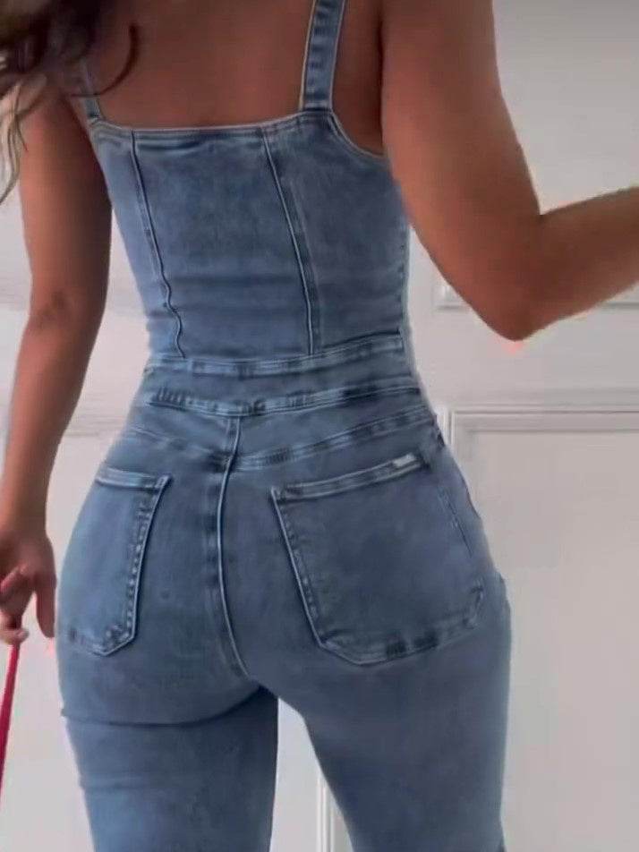Elegant Sleeveless Denim Jumpsuit with Patchwork Design - Full-Length Fit - Buy Center US