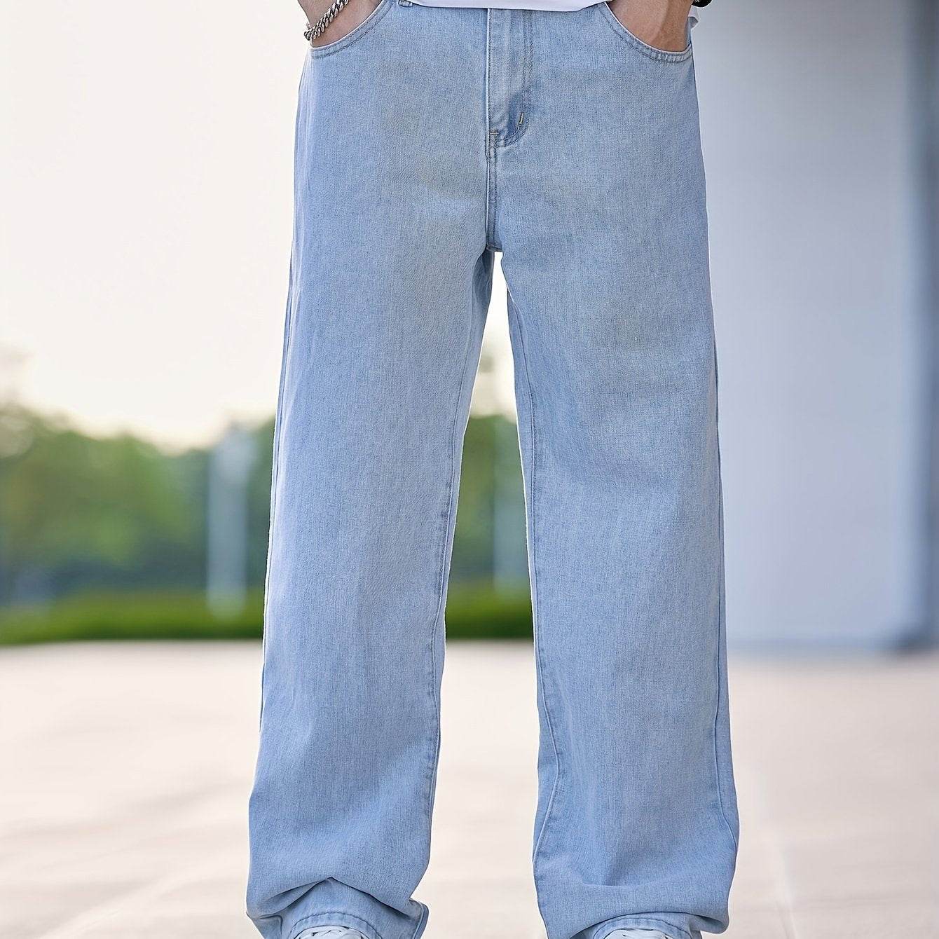 Men's Loose Fit Straight Leg Jeans - Washed Blue, All-Season Comfort - Buy Center US