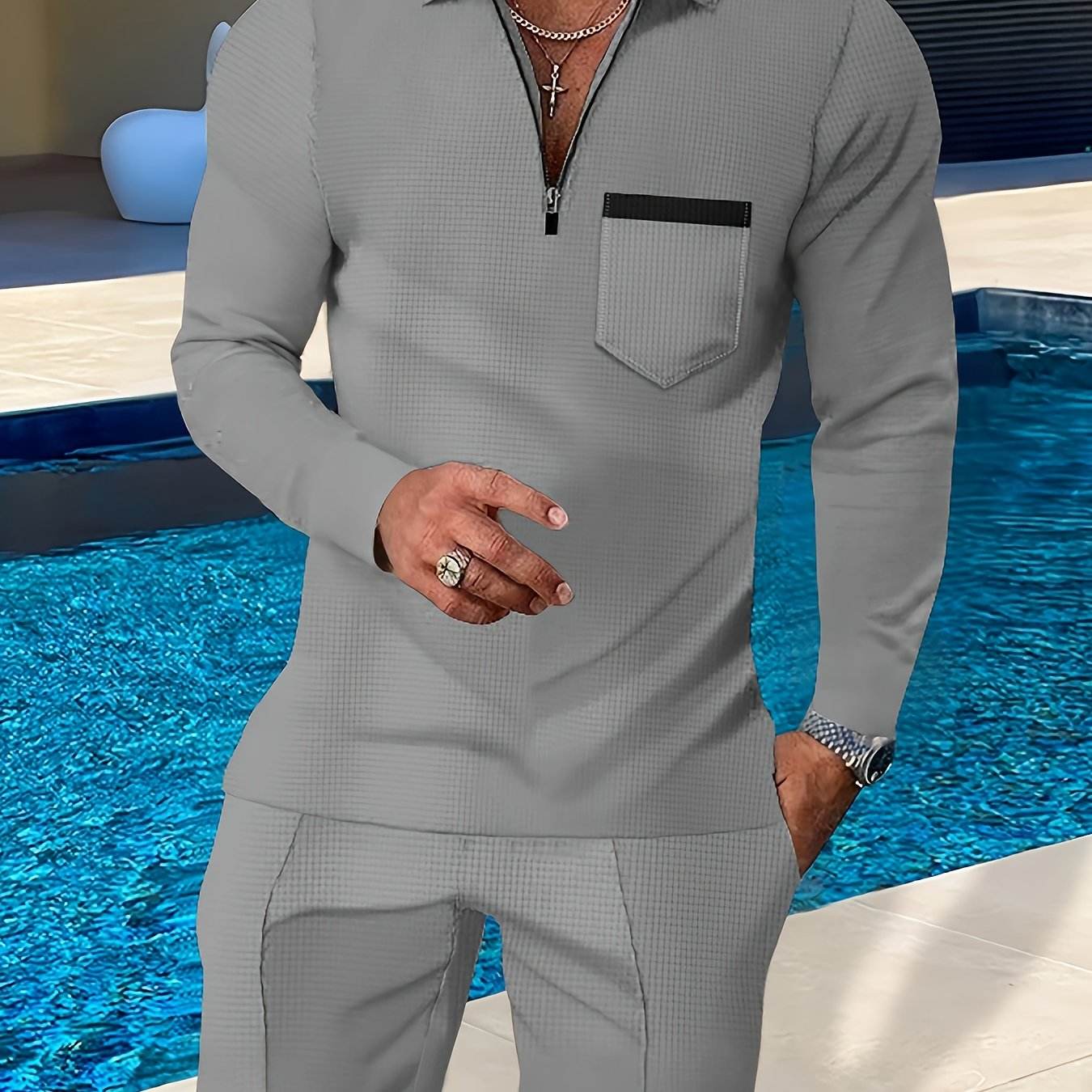 Men's Casual Long-Sleeve Pantsuit - Zipper Detail, Regular Fit, Polyester - Buy Center US