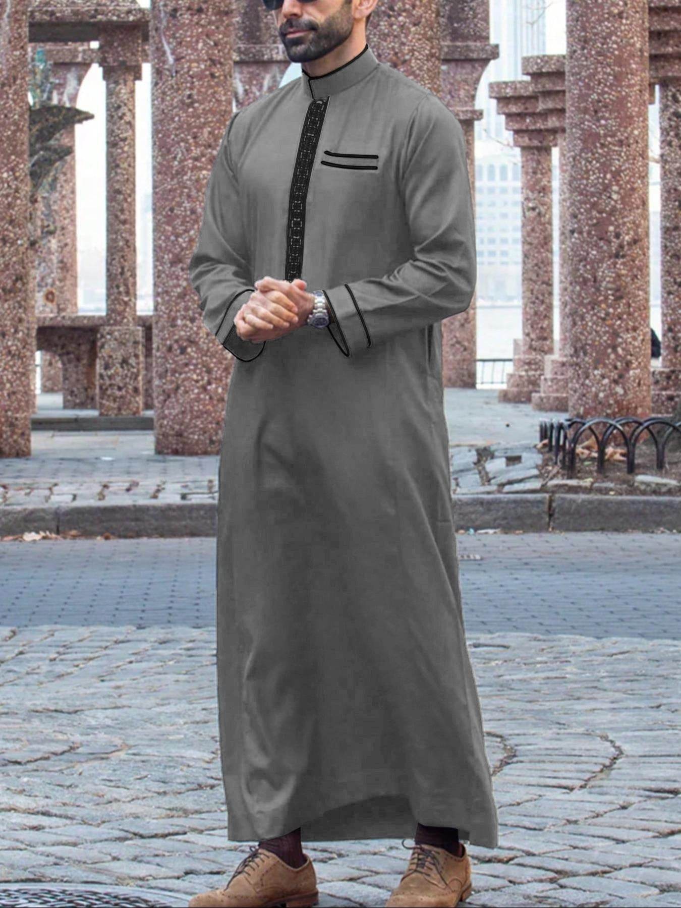 Buycenter Men's Long Sleeve Casual Ethnic Robe - Embroidered Plaid Design - Buy Center US