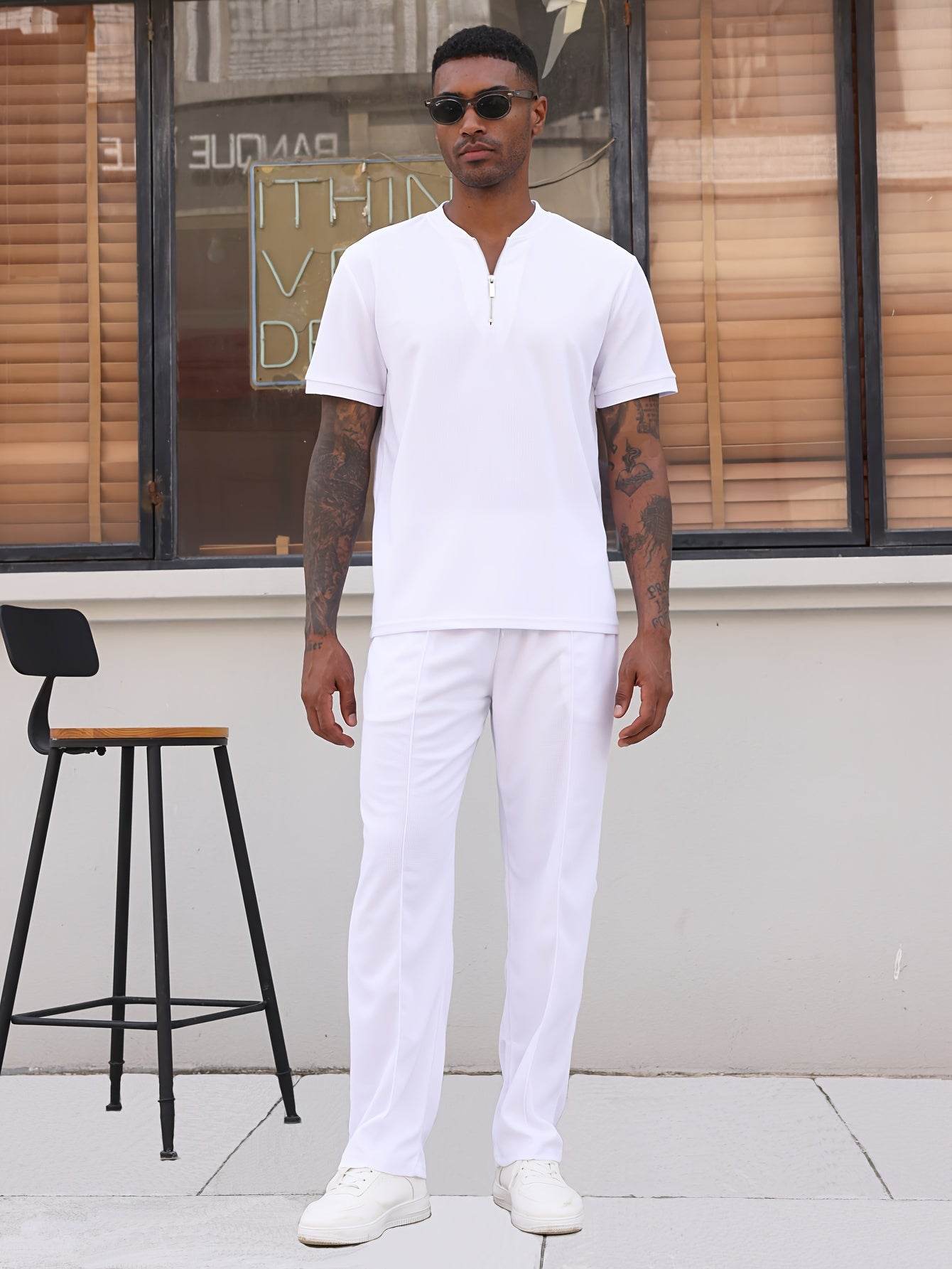 Men's 2-Piece Casual Golf Set - Short Sleeve Henley & Pants, Breathable - Buy Center US