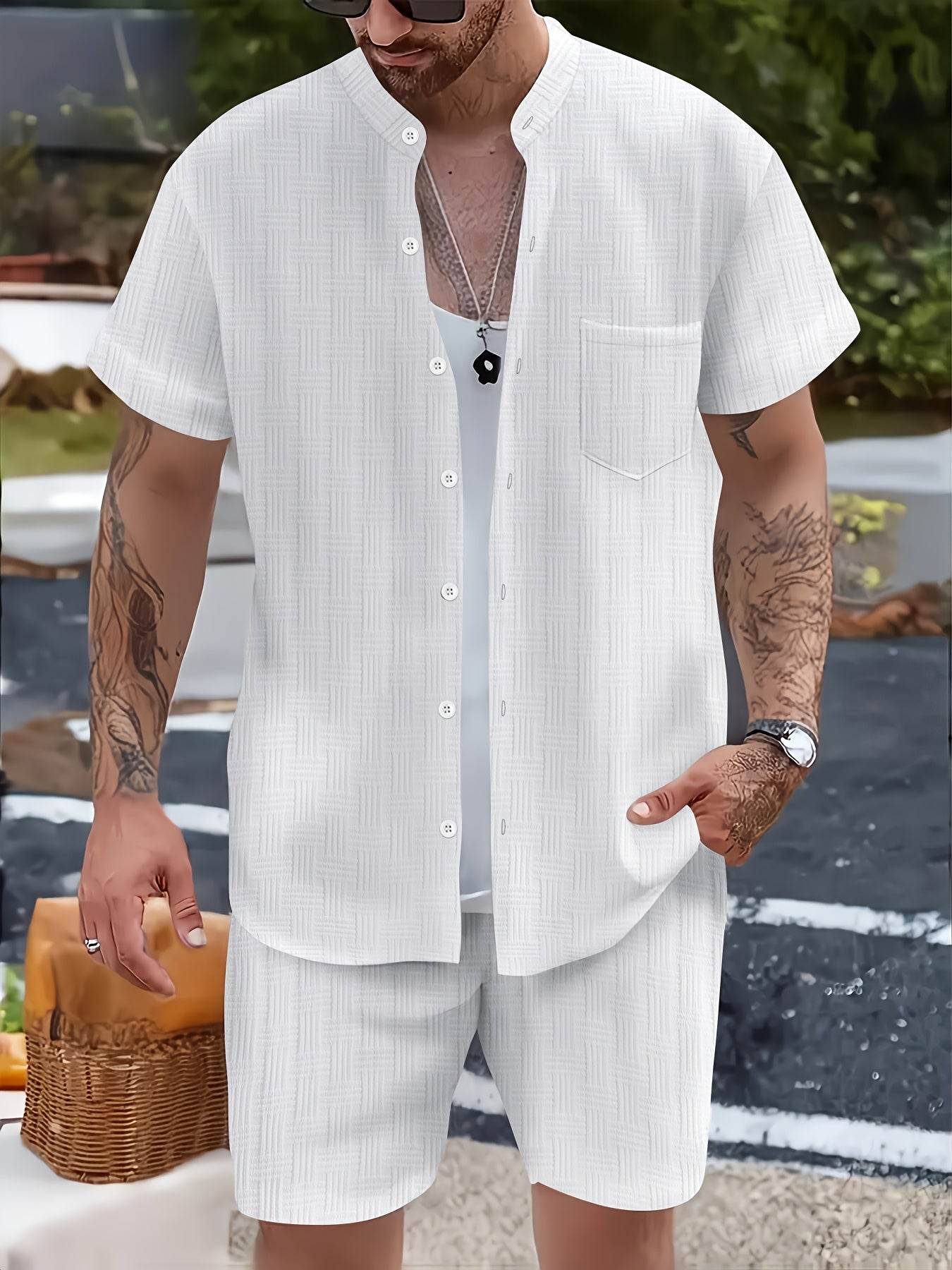 Men's Summer Casual 2-Piece Beach Outfit - Striped Short Sleeve Shirt & Shorts - Buy Center US