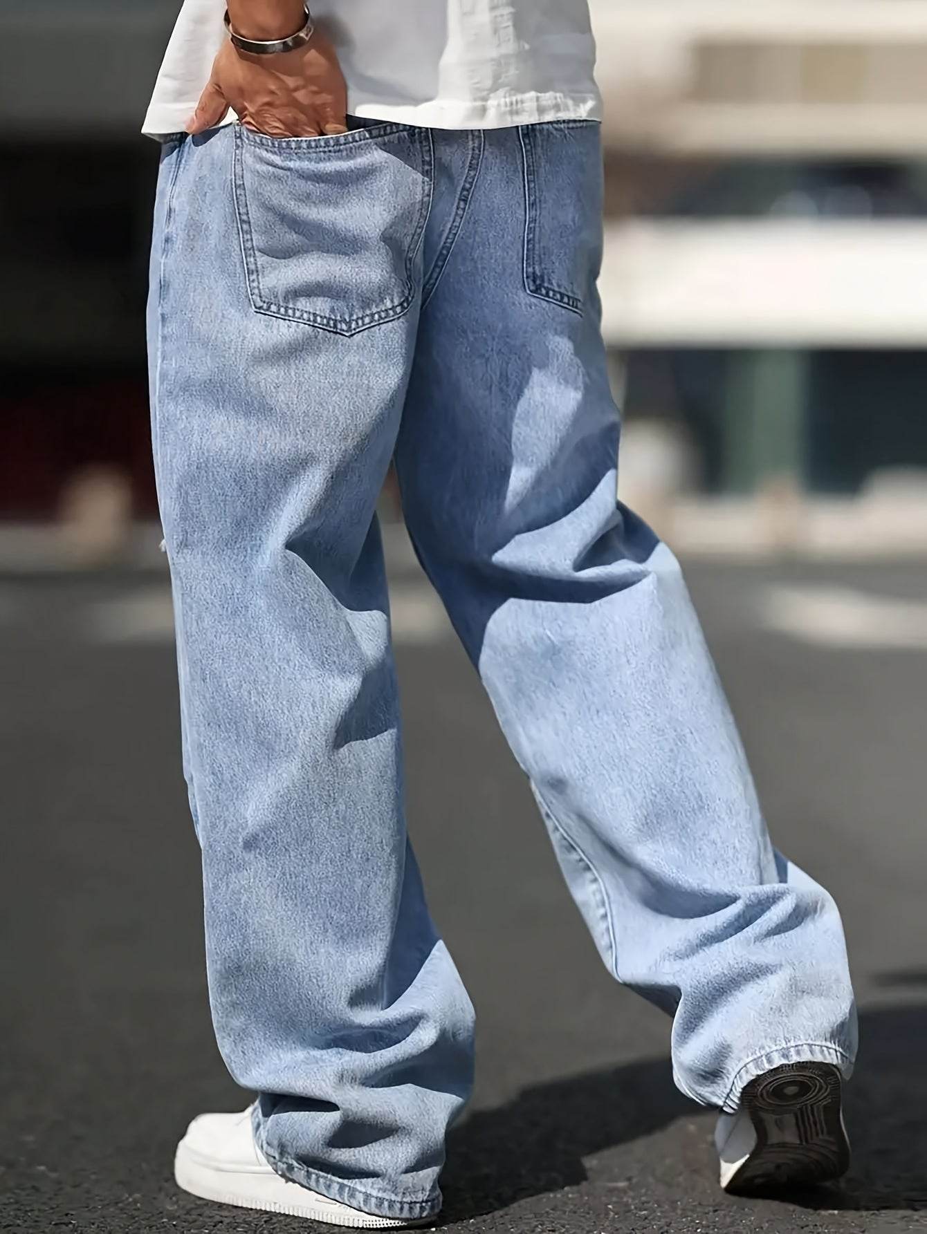 Men’s Distressed Straight Leg Jeans - Loose Fit, All-Season Casual Wear - Buy Center US