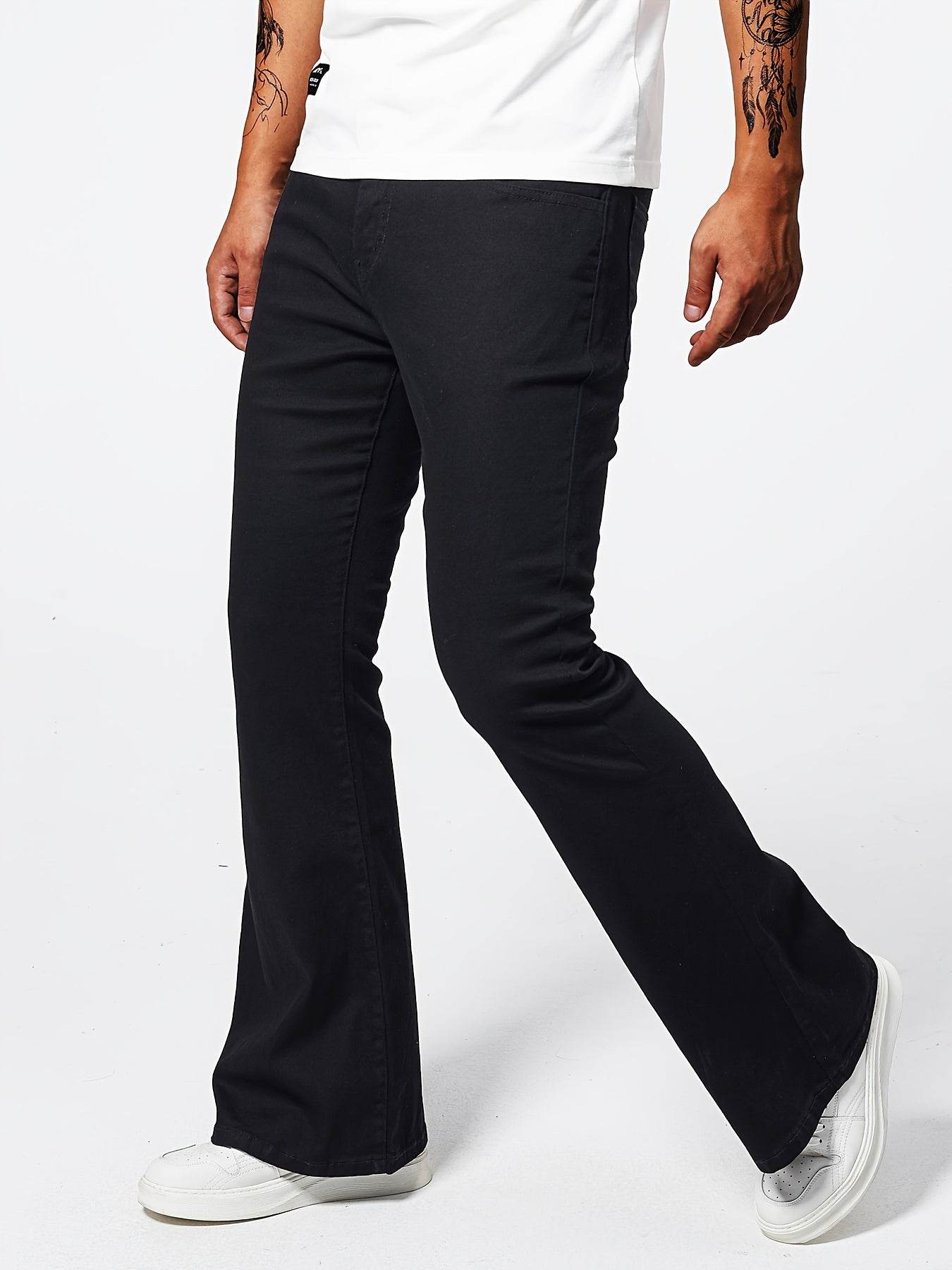 Men's Solid Denim Flare Pants - Casual Slim-fit Jeans with Pockets - Buy Center US