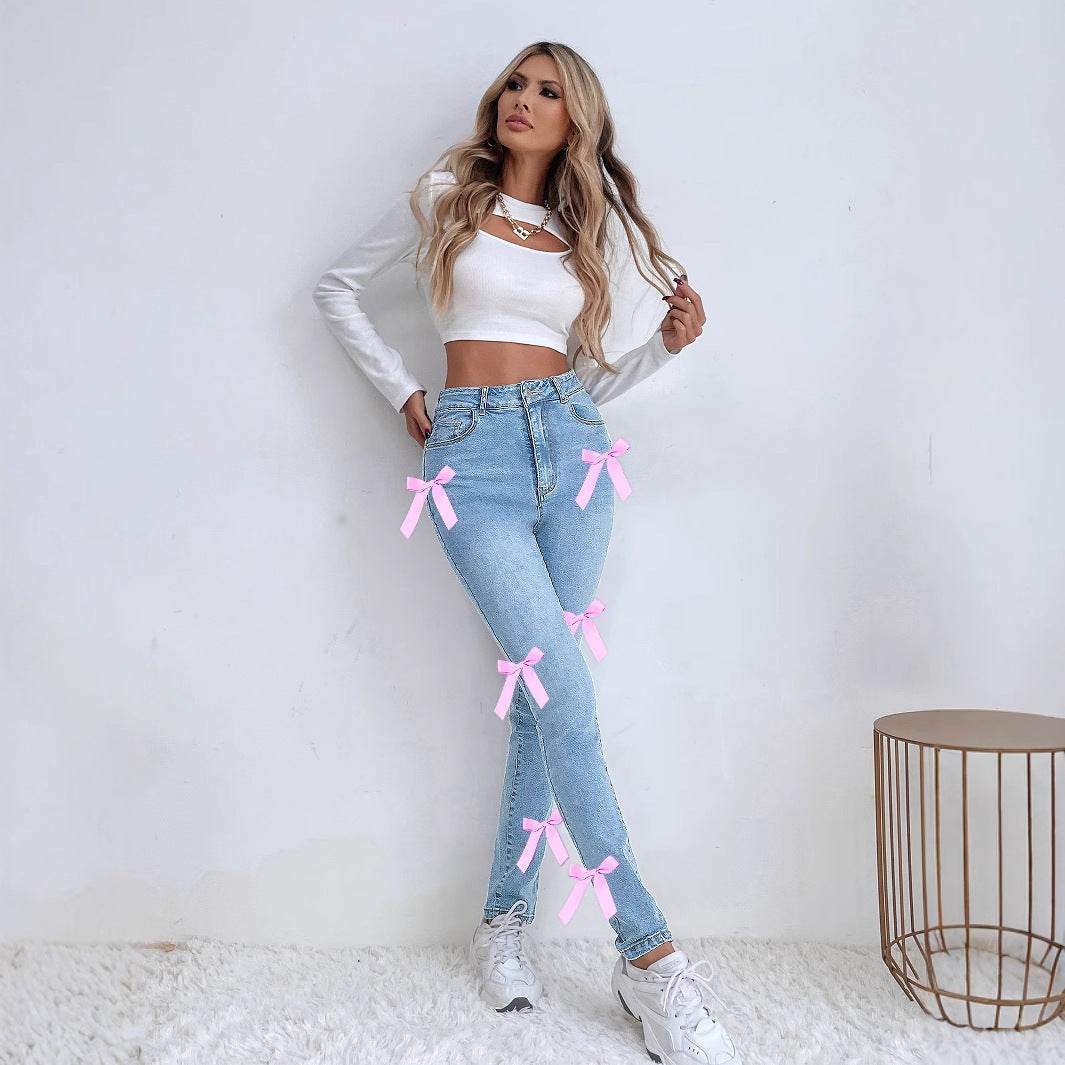 Women's Bow Stretch Jeans - Mid Waist Denim Leggings in Blue - Buy Center US