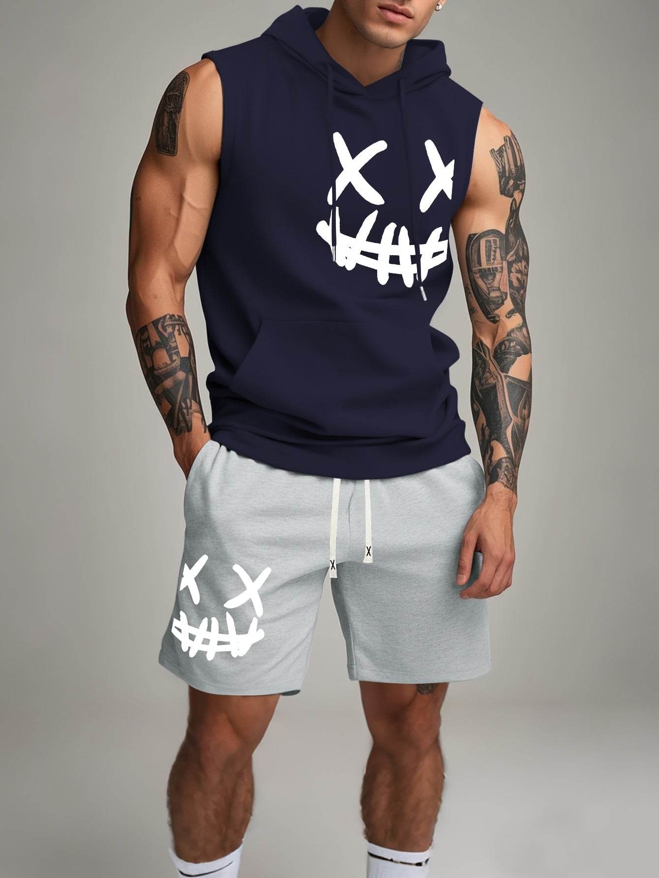 Men's Casual Hooded Tank Top & Shorts Set - Skull Print Summer Sportswear - Buy Center US