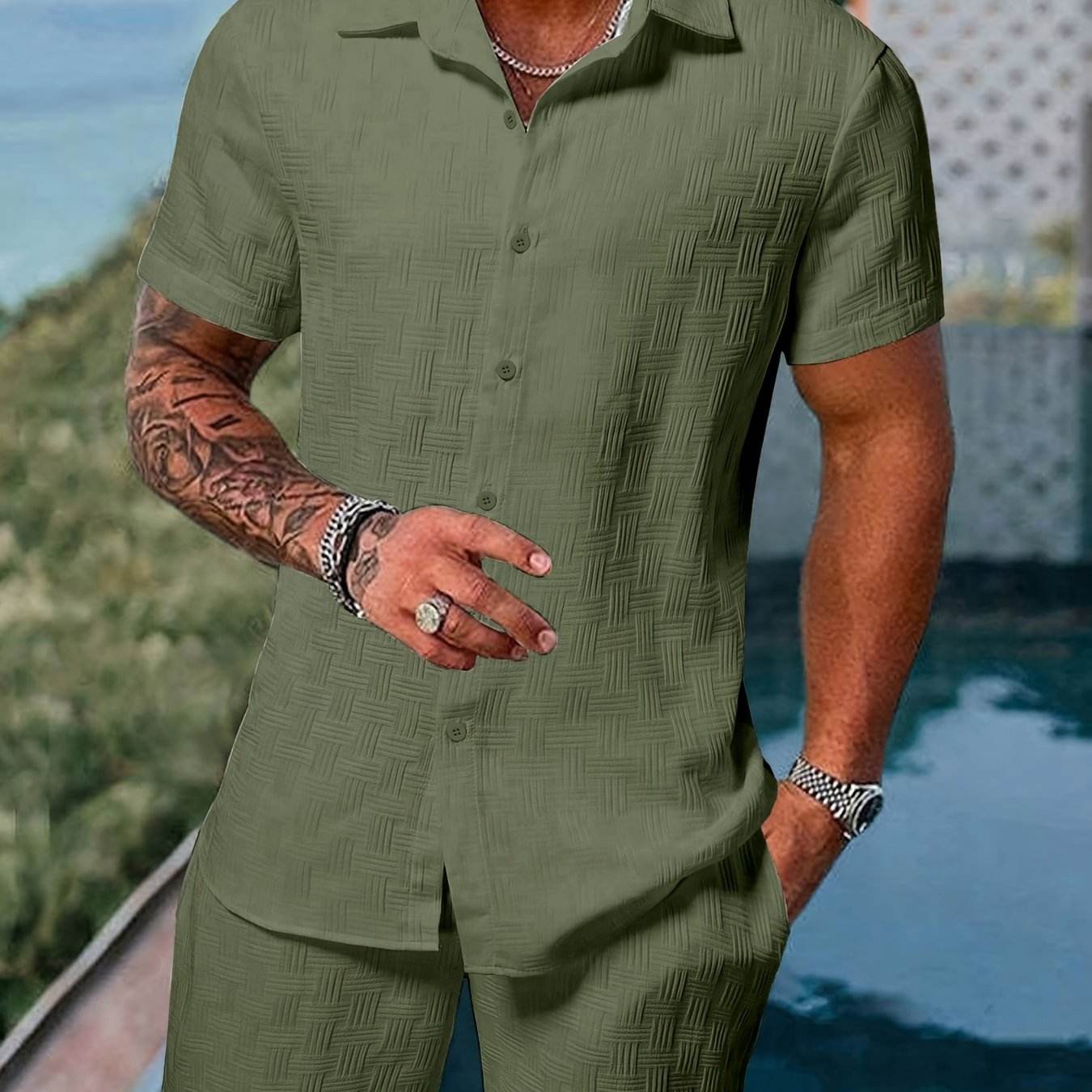 Men's Spring/Summer Striped Two-Piece Suit - Casual Short-Sleeve Shirt & Shorts - Buy Center US