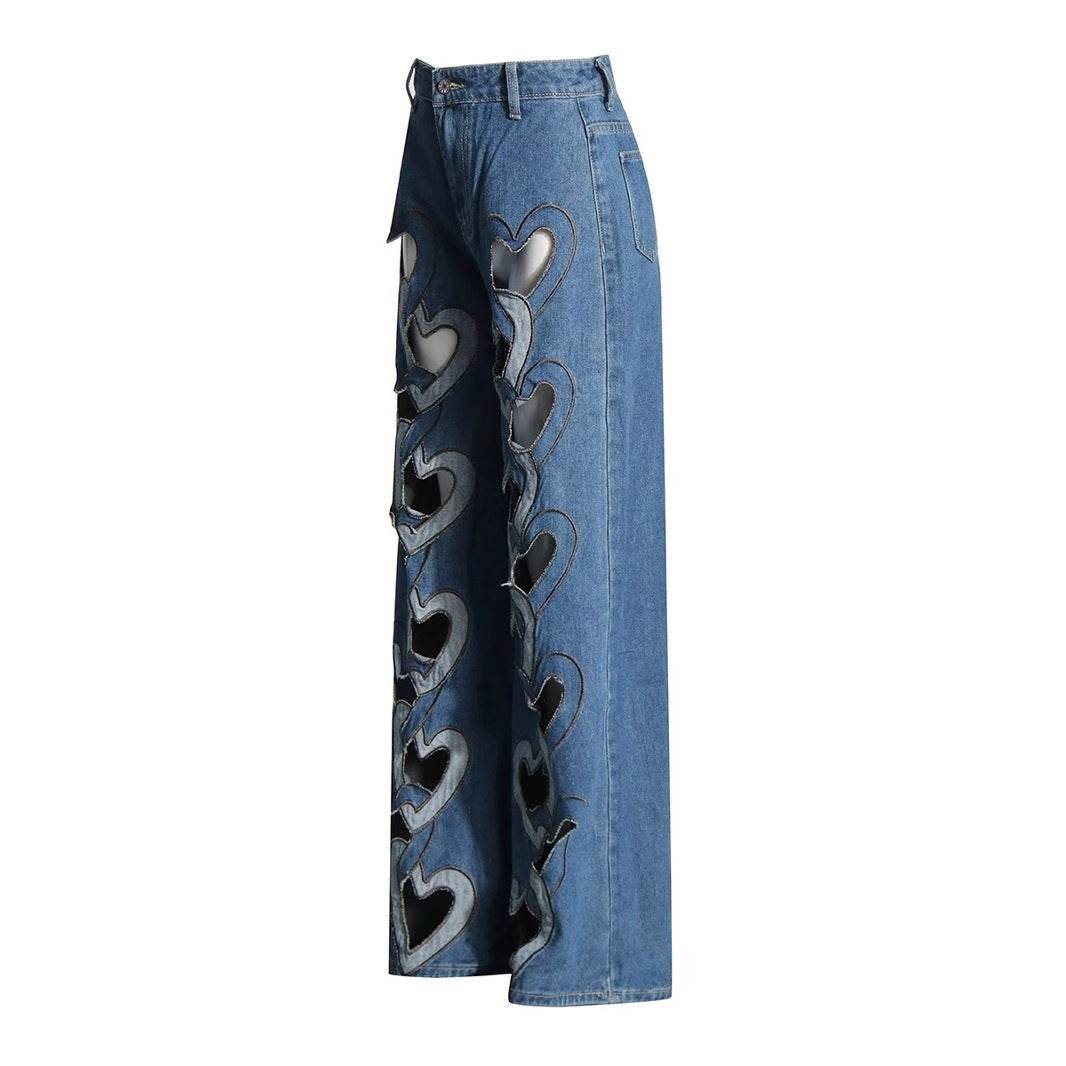 High Waist Hollow Heart Shape Wide Leg Jeans - Stylish Denim Trousers - Buy Center US