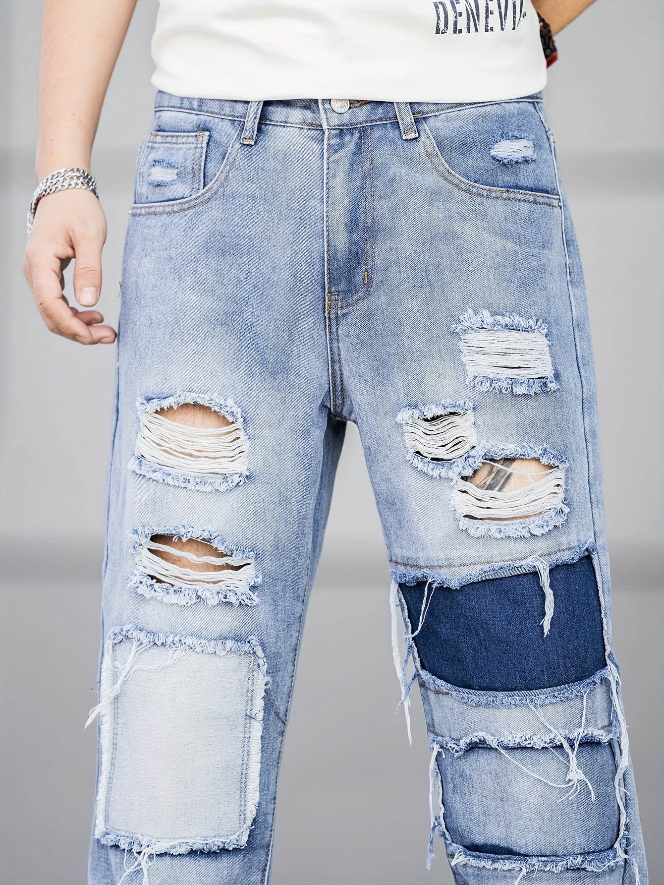 Durable Men's Casual Ripped Jeans - Loose Fit, All-Season Denim Wear - Buy Center US