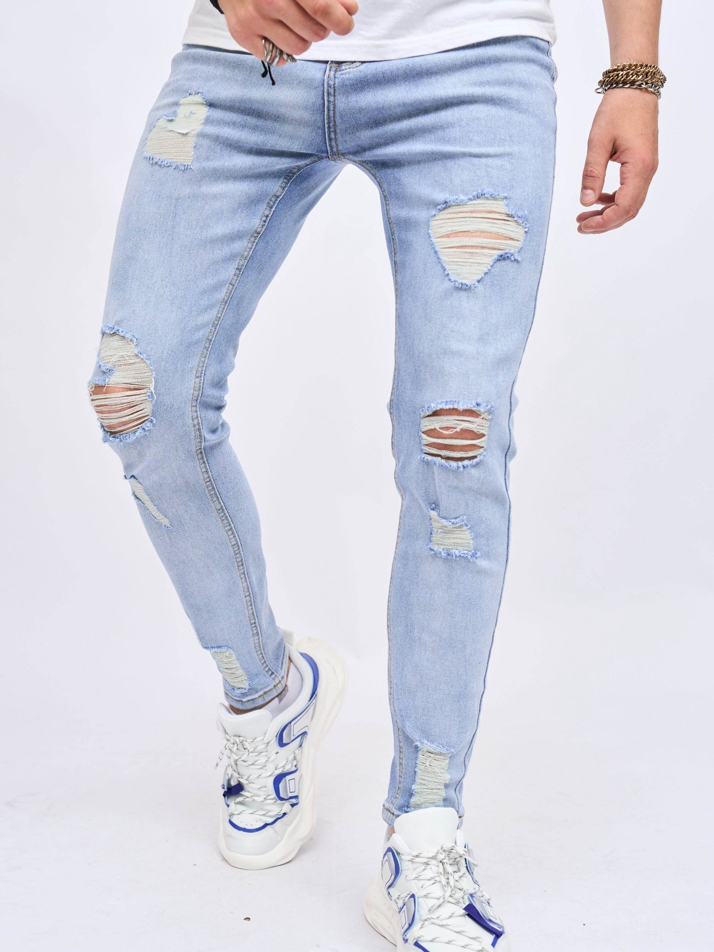 Men's Cotton Blend Distressed Jeans - Chic Slim Fit for All Seasons - Buy Center US