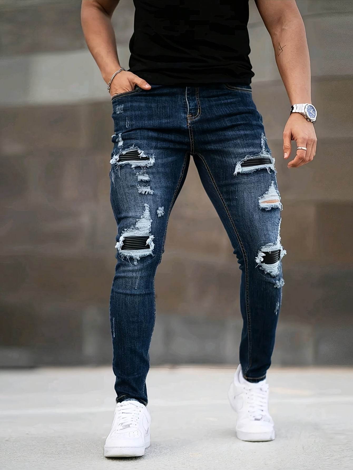 Men's Slim Fit Ripped Jeans - Stretch Denim Casual Streetwear, Blue - Buy Center US