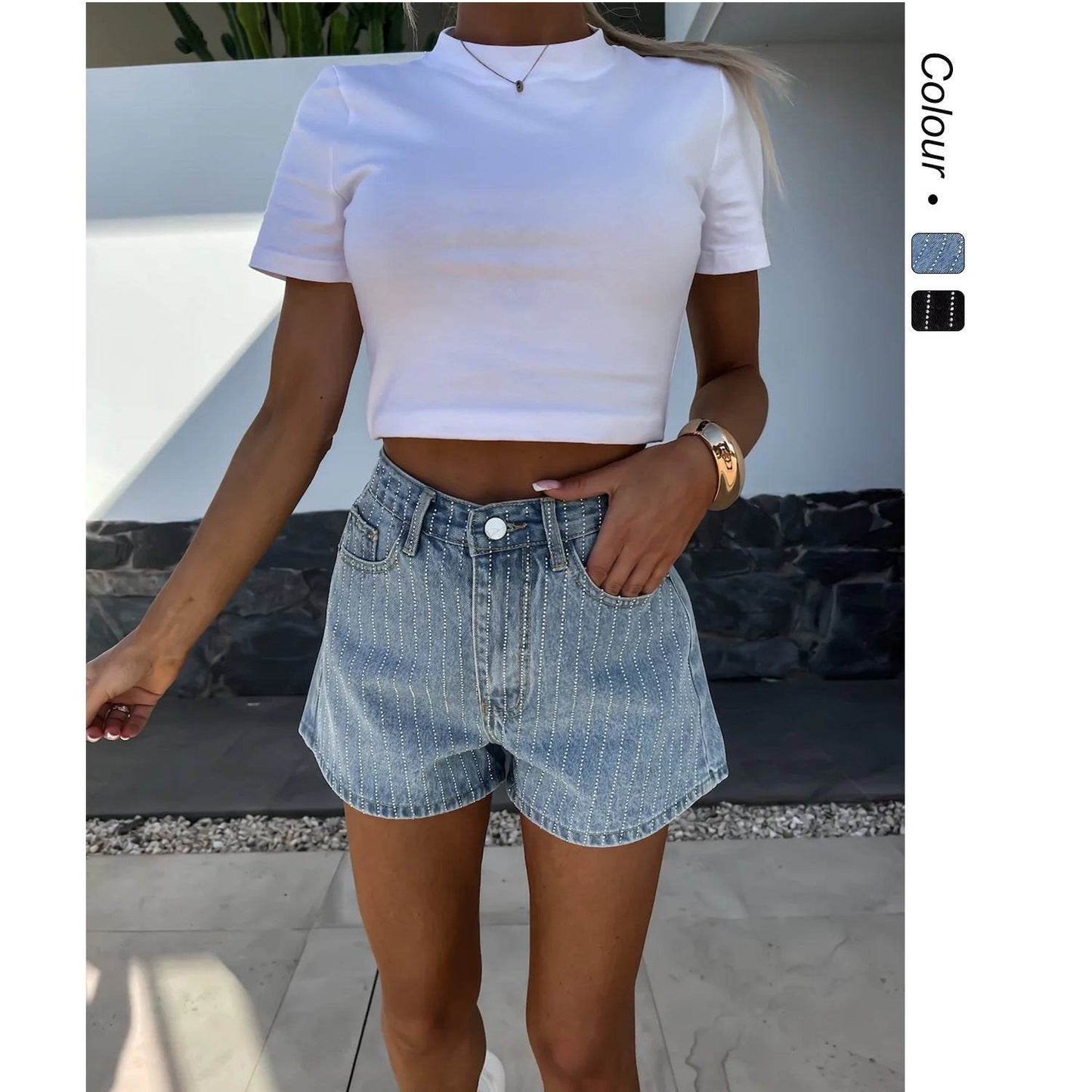 Rhinestone Women's Straight Denim Shorts - Stylish Black & Blue Options - Buy Center US