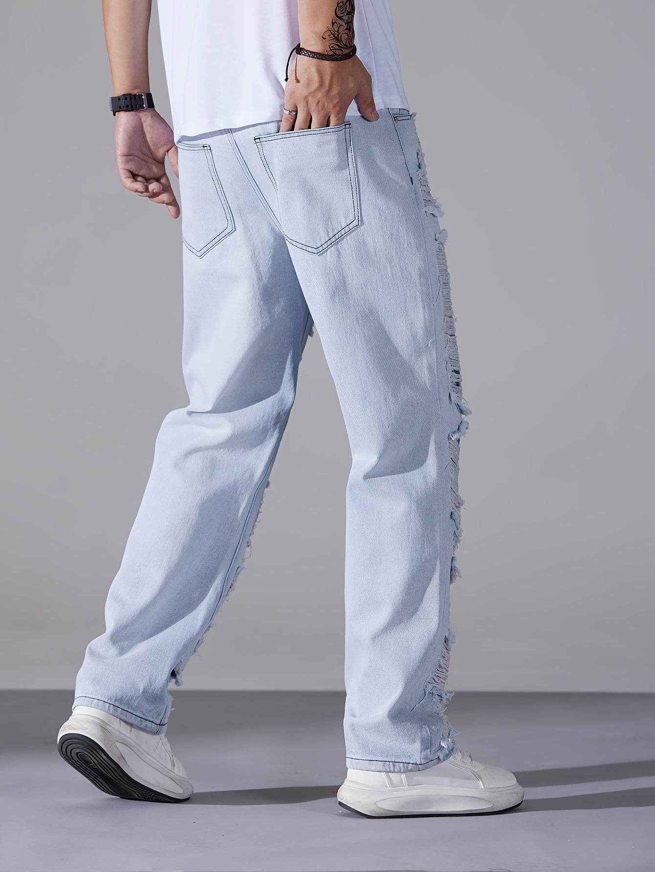 Men's Casual Distressed Denim Jeans - Solid Color, Regular Fit, Ripped Details - Buy Center US