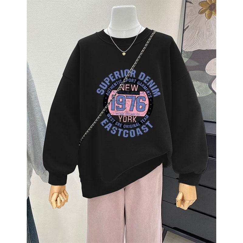 Retro Loose Round Neck Hoodie for Women - Cartoon Print, Long Sleeve - Buy Center US