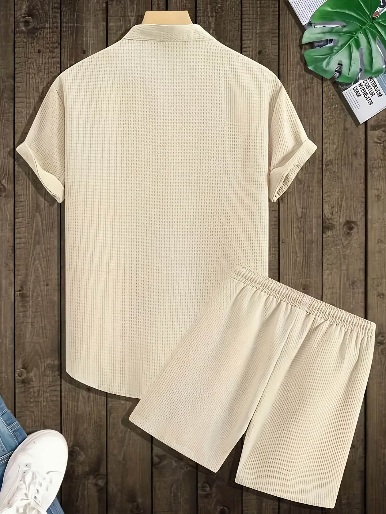 Men's Solid Color Jacquard Shirt & Drawstring Shorts Set - Casual Style - Buy Center US