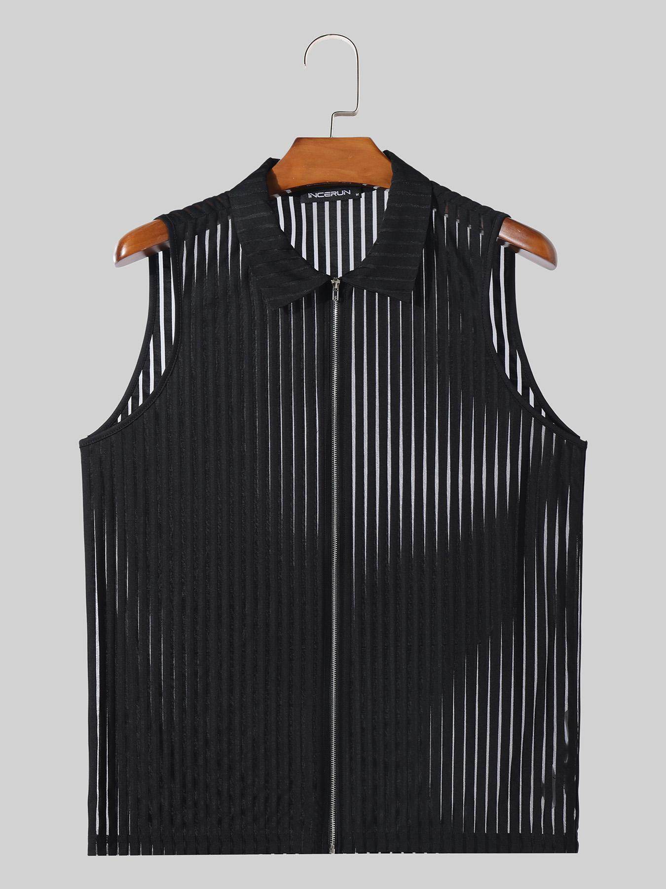 INCERUN Men's Sheer Striped Tank Top - Sexy Zipper Vest for Summer Fun - Buy Center US