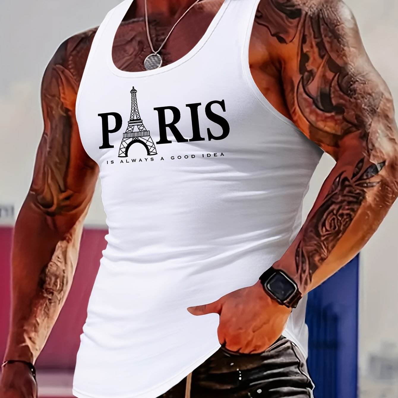 MBD Men's Eiffel Tower Graphic Tank Top - Slim Fit, Breathable Gym Vest - Buy Center US