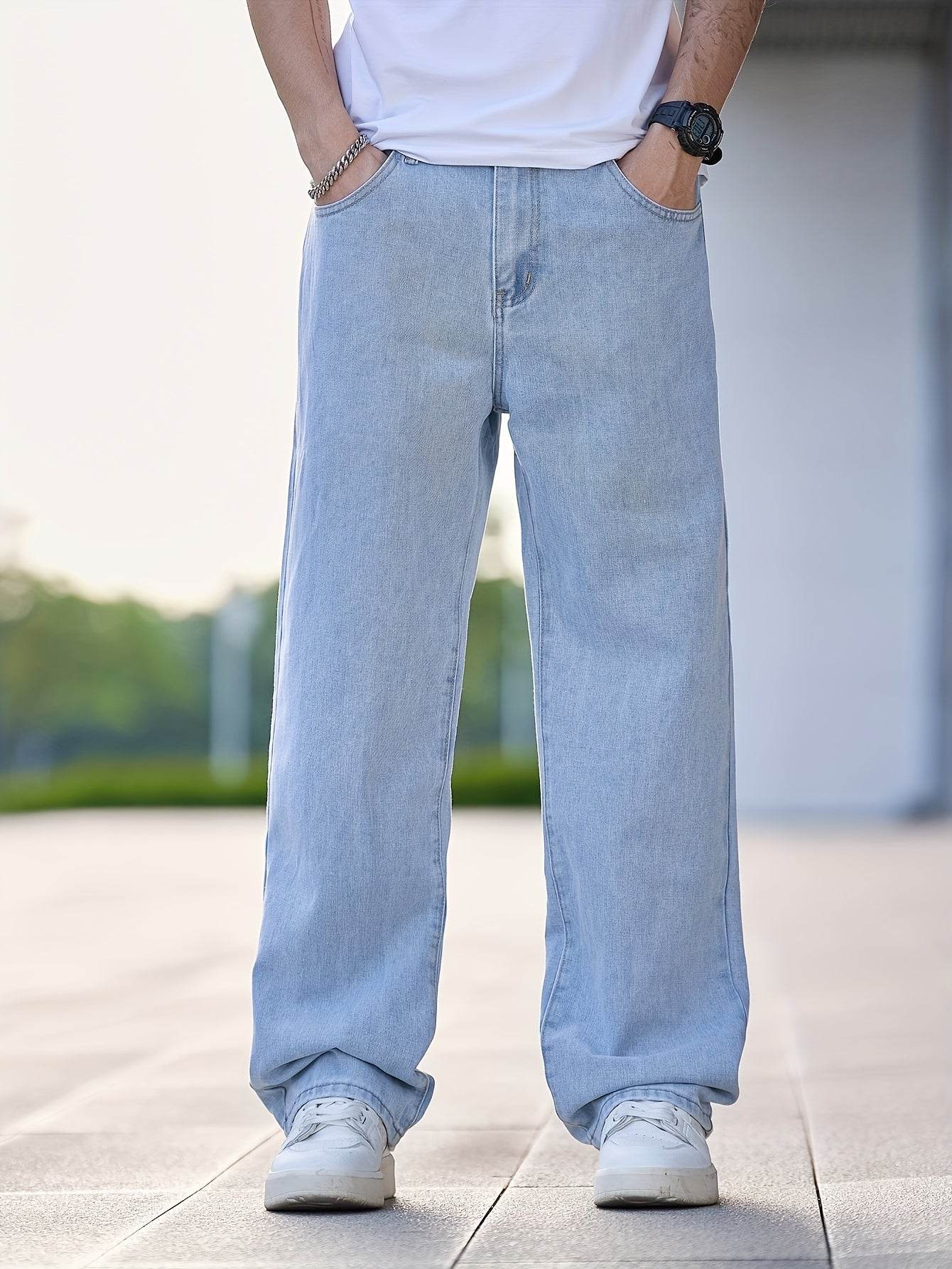 Men's Loose Fit Straight Leg Jeans - Washed Blue, All-Season Comfort - Buy Center US