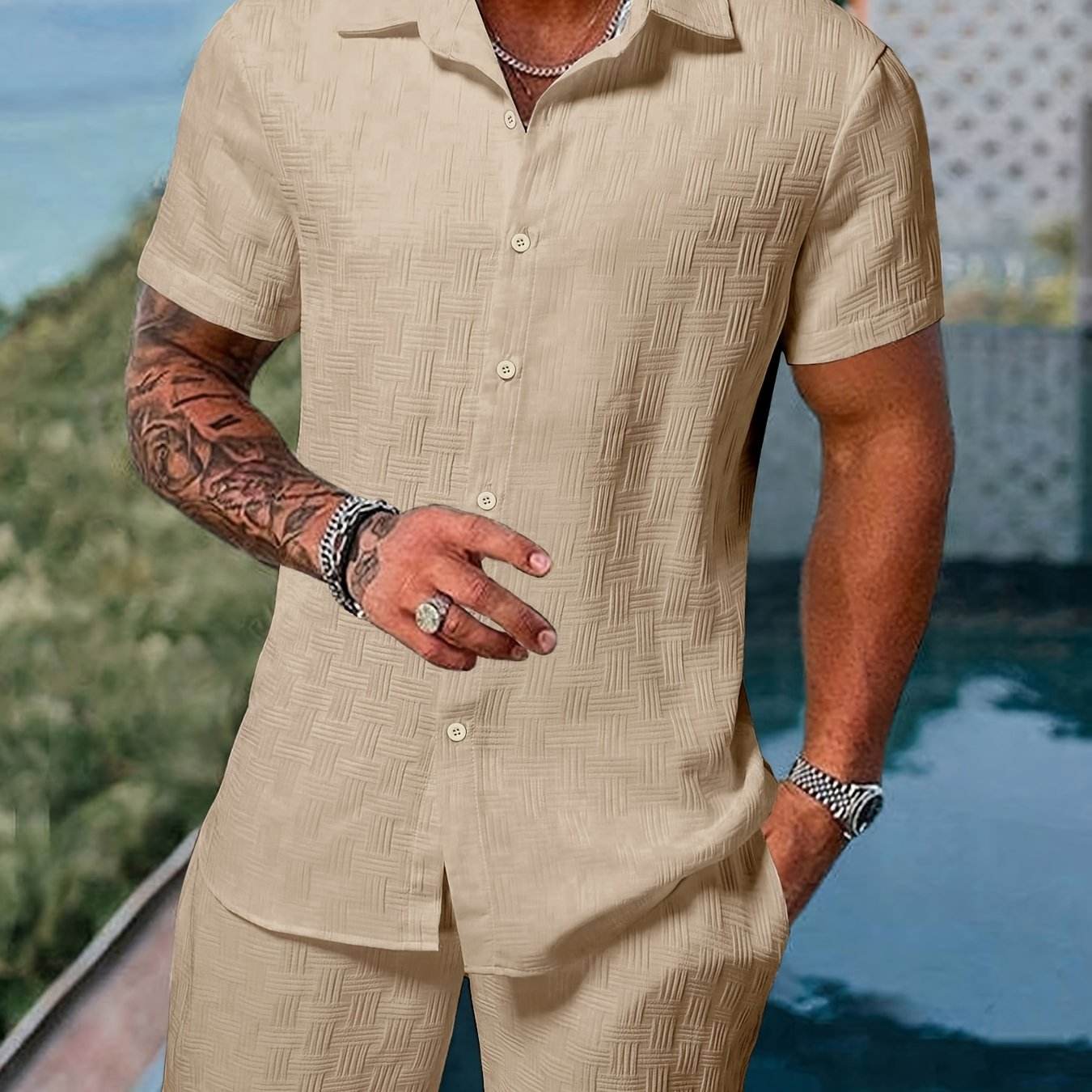 Men's Spring/Summer Striped Two-Piece Suit - Casual Short-Sleeve Shirt & Shorts - Buy Center US