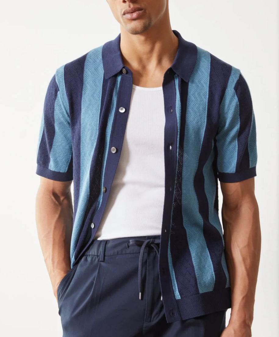 Men's Hollow Breathable Polo Shirt - Stylish Stripes in Blue, Sizes M-XXXL - Buy Center US