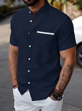 Men's Linen Contrast Color Short Sleeve Shirt - Casual Fit, Multiple Colors - Buy Center US