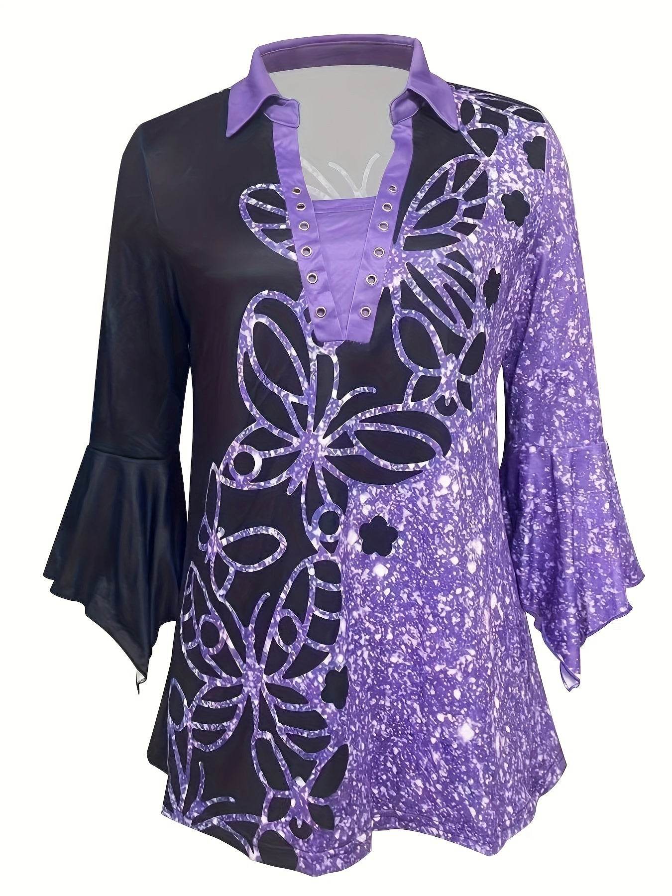 New Printed Lapel T-shirt - Three-Quarter Sleeve with Irregular Cuff - Buy Center US