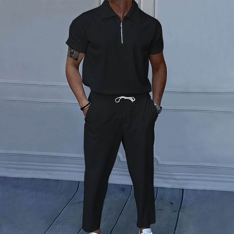 Stylish Men's Polo Collar Trousers Suit - Short Sleeve, Solid Colors - Buy Center US