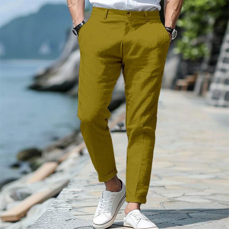 Men's Linen Summer Trousers - Button Front, Slant Pockets, Straight-Leg - Buy Center US