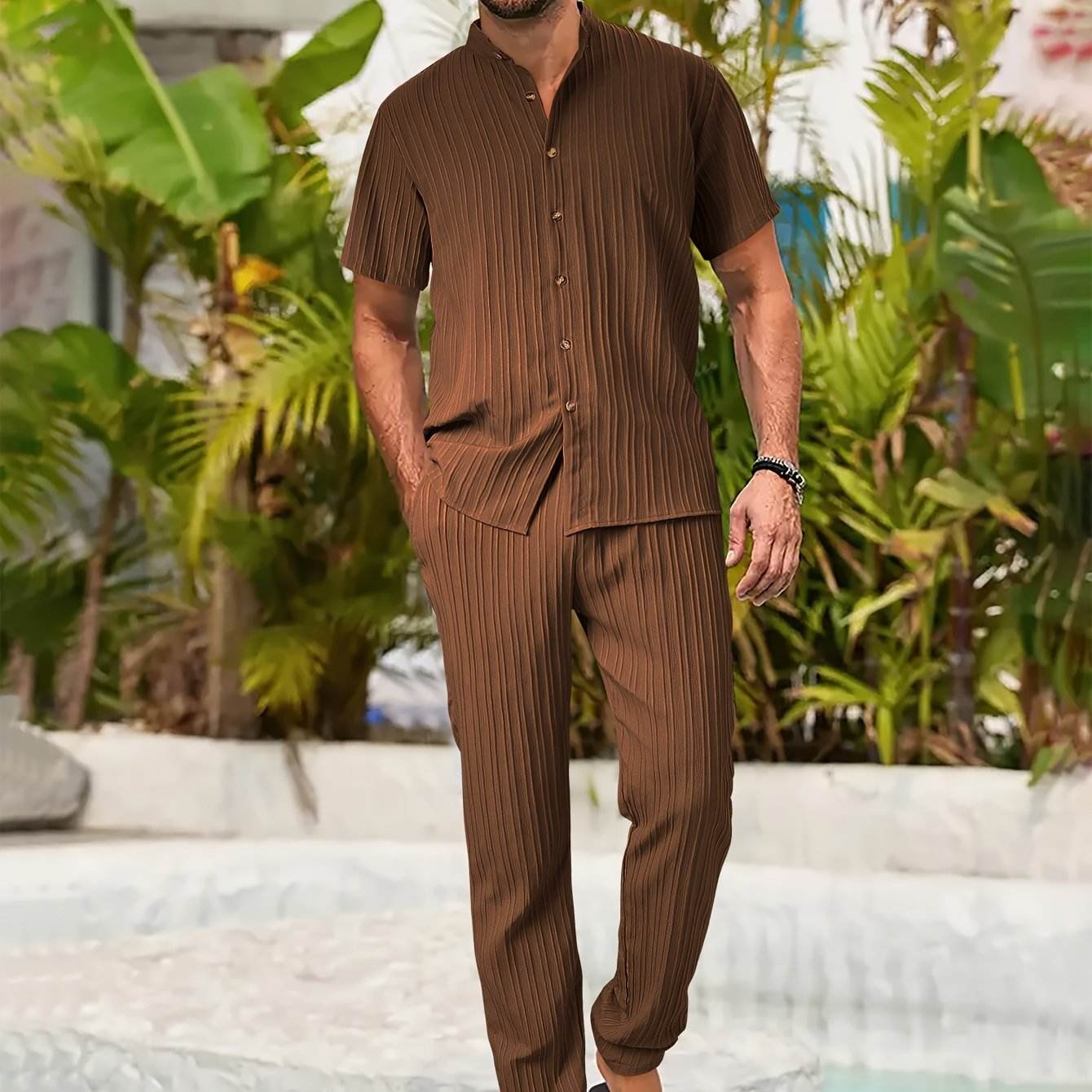 Men's Casual Spring/Summer Textured Stripe Short Sleeve Pants Set - Buy Center US