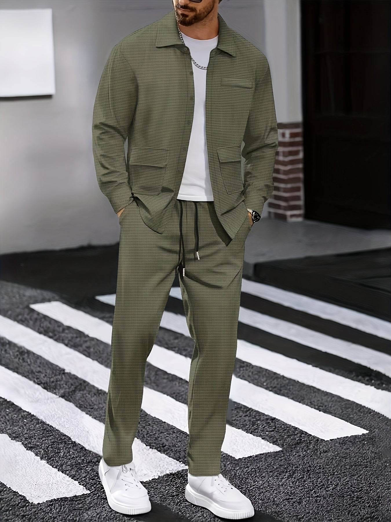 Men's Versatile Long-Sleeve Shirt & Jogger Set - 8 Shades for Every Occasion - Buy Center US