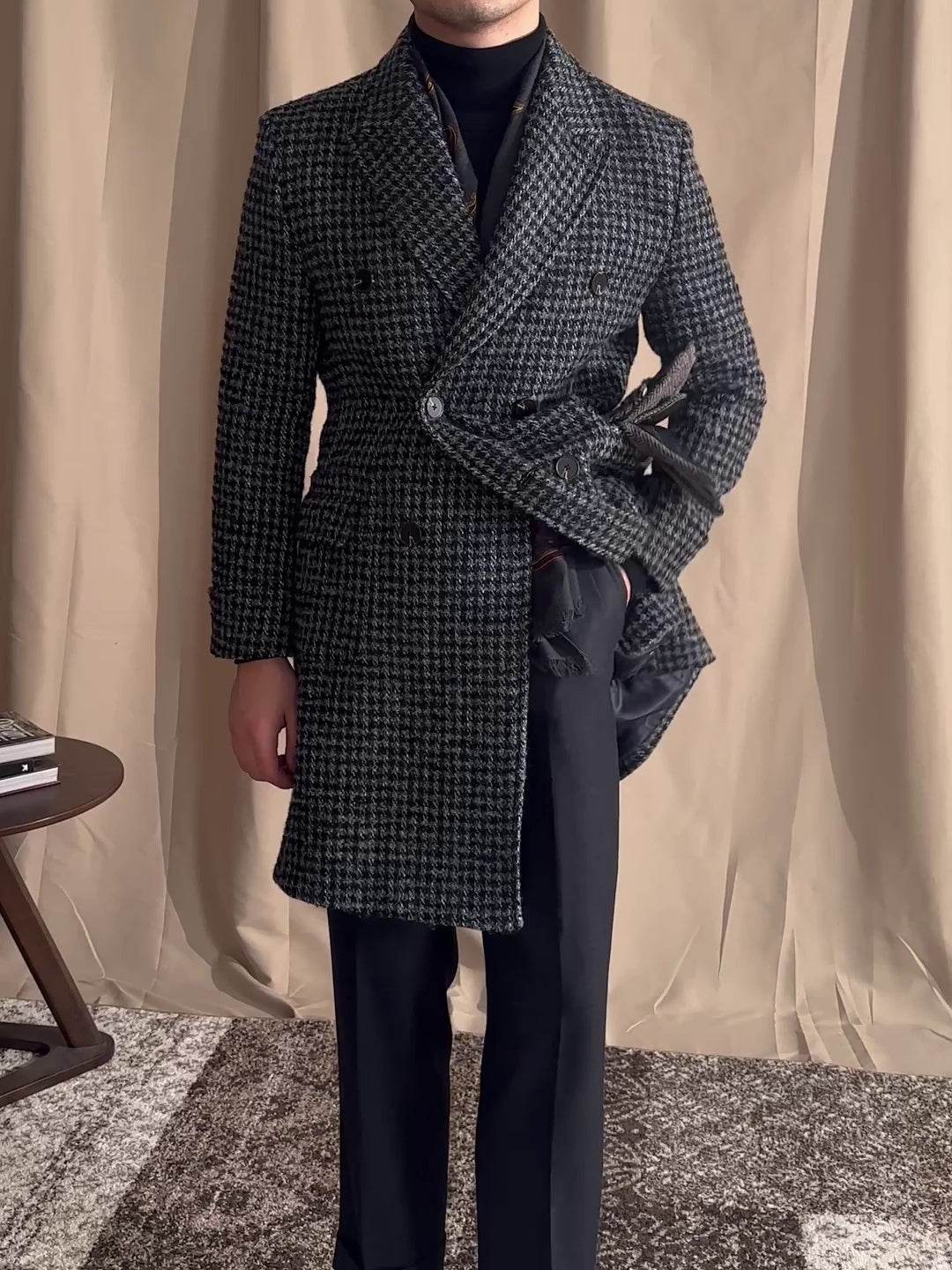 Buycenter Mid-Length Houndstooth Coat - Stylish Double Breasted Wool - Buy Center US