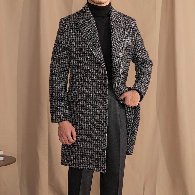 Buycenter Mid-Length Houndstooth Coat - Stylish Double Breasted Wool - Buy Center US