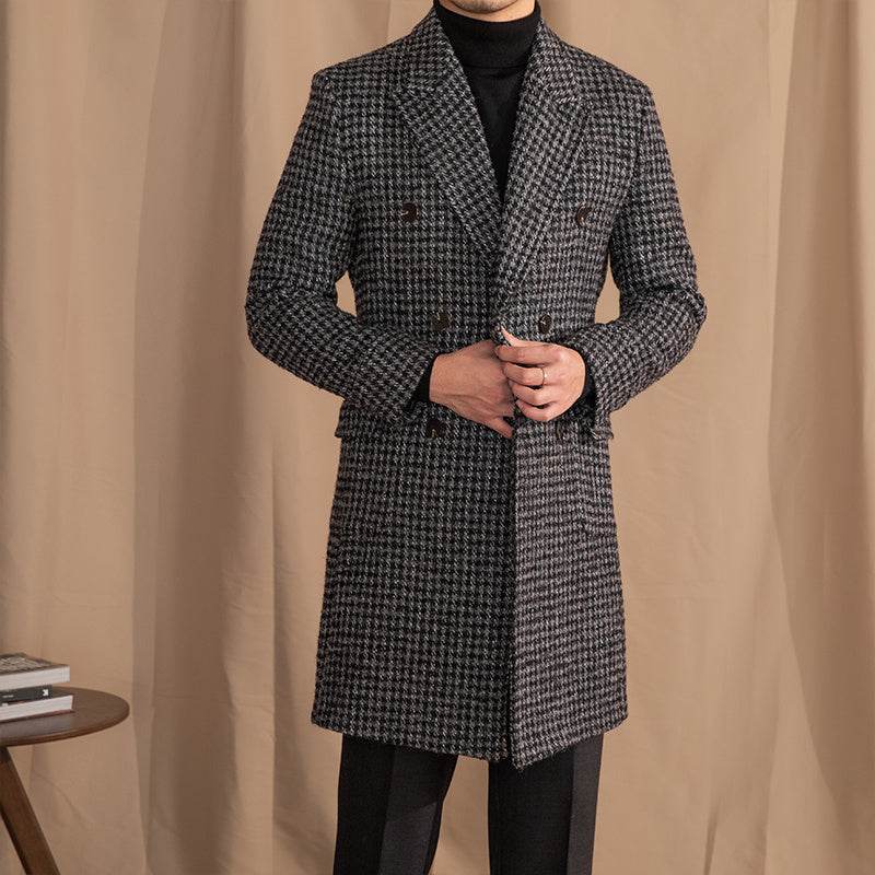 Buycenter Mid-Length Houndstooth Coat - Stylish Double Breasted Wool - Buy Center US