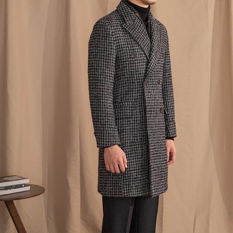 Buycenter Mid-Length Houndstooth Coat - Stylish Double Breasted Wool - Buy Center US