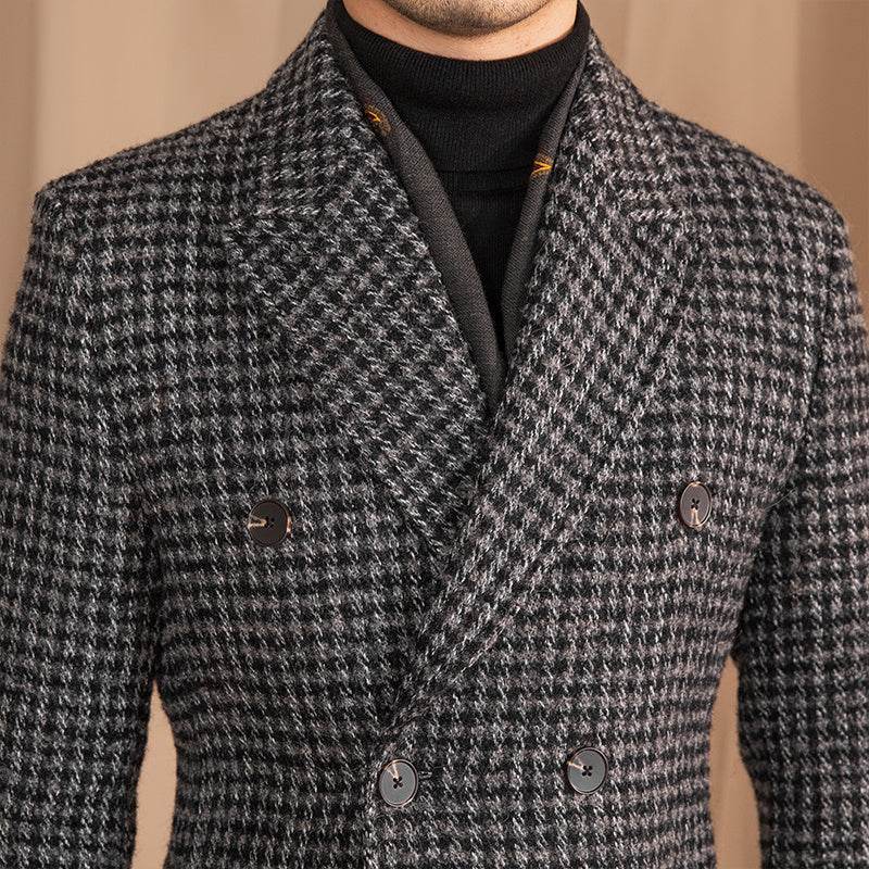 Buycenter Mid-Length Houndstooth Coat - Stylish Double Breasted Wool - Buy Center US